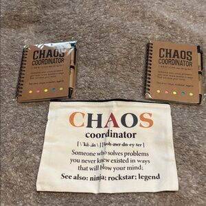 Chaos Coordinator pouch, 2 notebooks, and 2 pens
